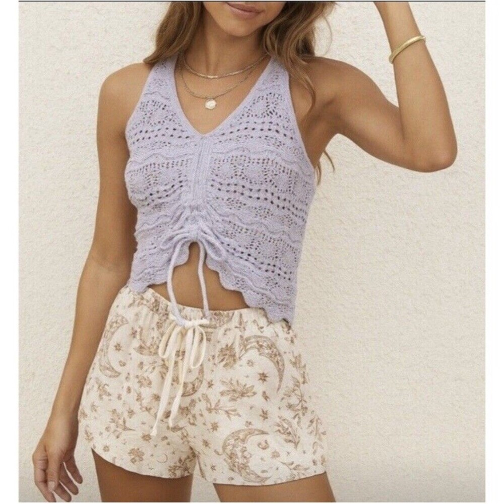 Crochet Tank Top Womens M Ruched V Neck Cropped Boho Festival Cottagecore